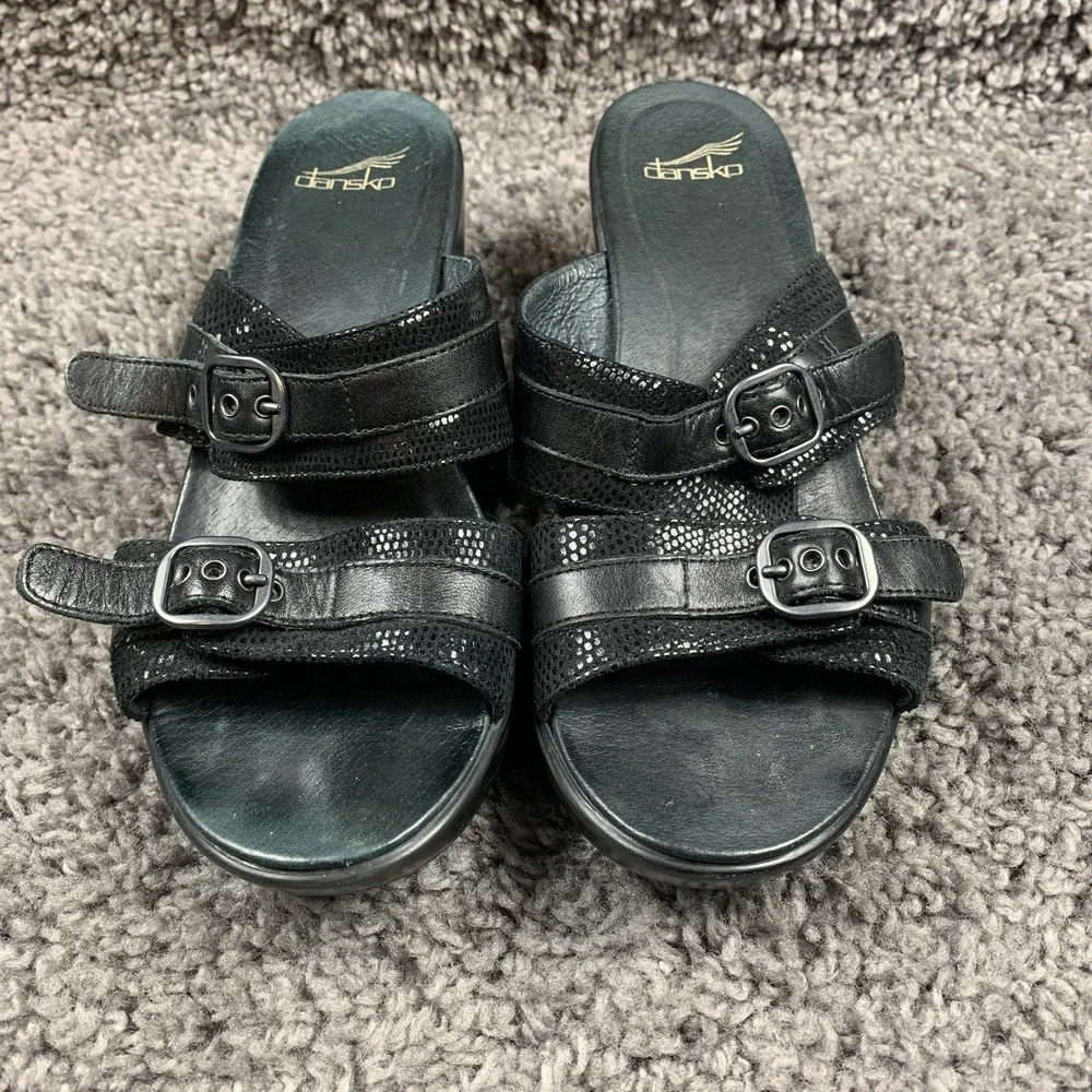 Dansko Jessie Sandals Black Leather Lizard Slip On Slide Heels Buckle EU 40